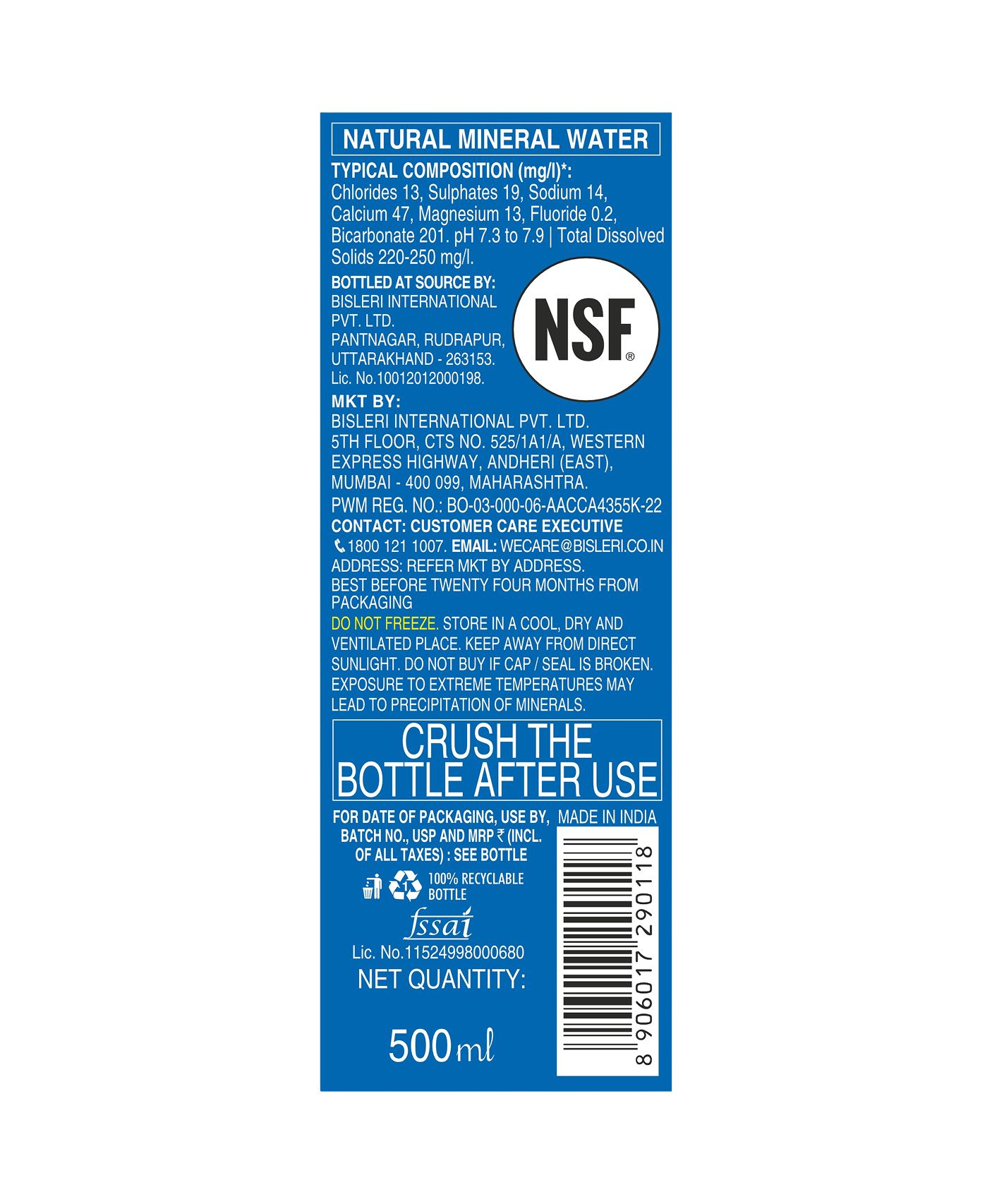 Vedica 500 ML Himalayan Spring Water details on label